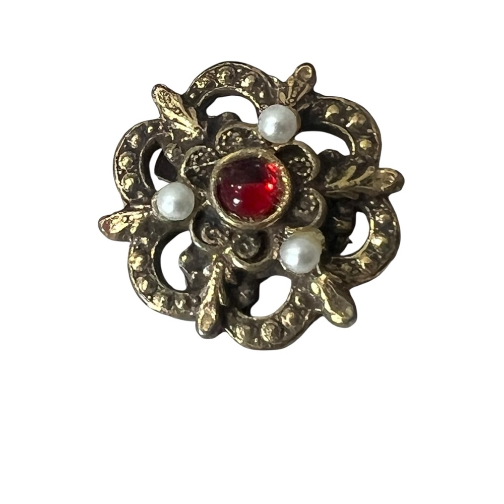2/$15 Gold and Red Baroque Style Brooch with Intricate Filigree